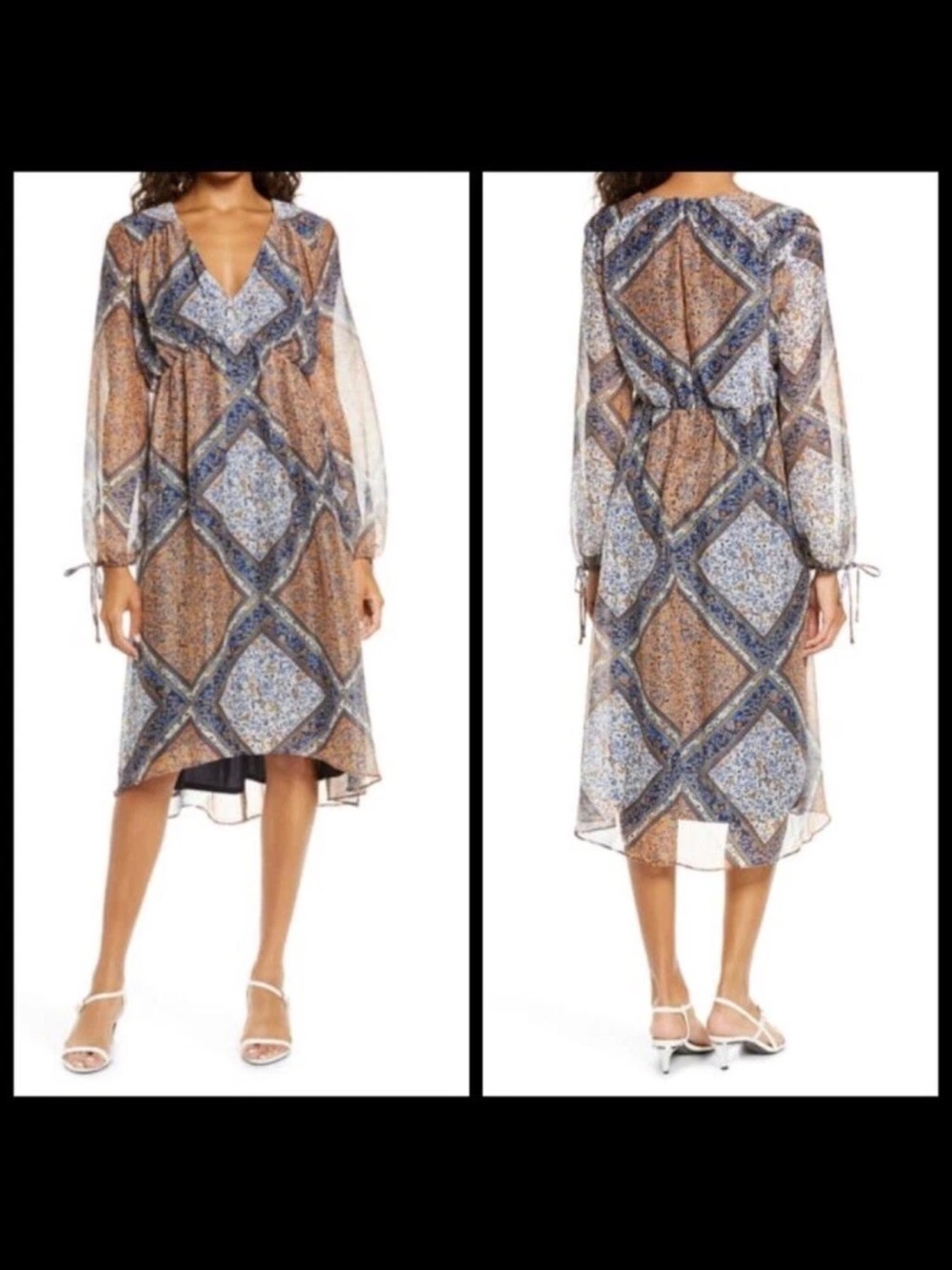 Taylor Boho Chiffon Printed V Neck Hi-Lo Dress Patchwork Long Sleeve Size 16